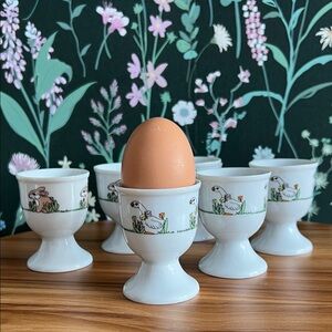 VINTAGE set of 6 Porcelain Egg Cups, 3 bunny pattern, 3 goose pattern Easter 🐣